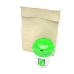 Coffee to go and lunch bag, on white. 3d rendering.