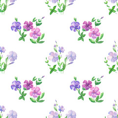 Watercolor floral seamless pattern with periwinkle, blue flower on a white background