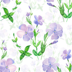 Watercolor floral seamless pattern with periwinkle, blue flower on a white background