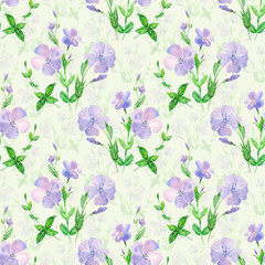 Watercolor floral seamless pattern with periwinkle, blue flower on a green background