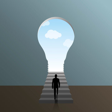 man climbing to door in form light bulb.