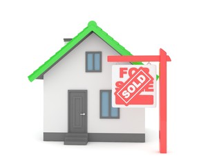 Isolated model of house with sign for sale sold. Concept of real estate, new apartment and moving to a new house. 3D rendering.