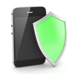 Smartphone and shield on white, security concept. 3d rendering.