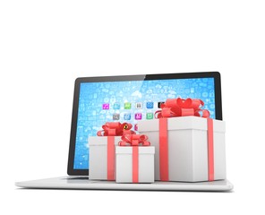 Gift box with ribbon bow on laptop keyboard. 3d rendering.