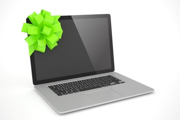 Tied laptop with green bow on white background. Modern present or gift for birthday, holiday, christmas. 3D rendering.