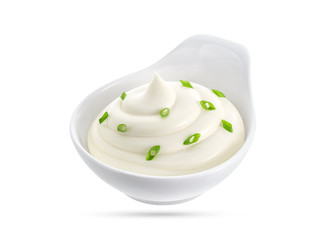 Sour cream and onion in bowl isolated on white background, with clipping path
