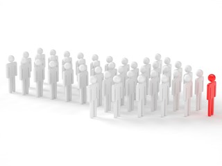 Many 3d people figure in arrow shape with the leader in front. 3d rendering.