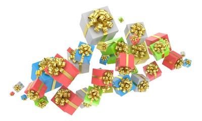 flying gift boxes on white. 3d rendering.