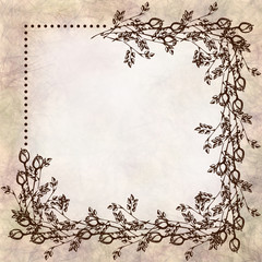 Hand drawn textured floral background.Vintage beige card with roses and leaves.Template for letter or greeting card.Square shape.Series of Watercolor, Oil, Pastel, Backgrounds and Cards,Blanks,Forms.
