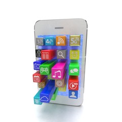  application software icons extruding from smartphone, isolated on white. 3d rendering.