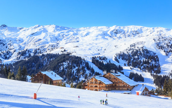 Skiers on the slopes of the ski resort of Meriber. France