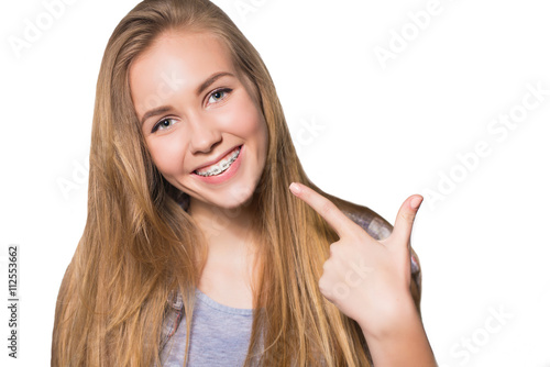 Portrait Of Teen Girl Showing Dental Braces Stockfotos