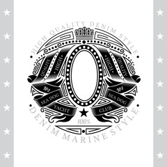 Obraz premium Oval Frame In Center Between Winding Ribbons Pattern. Vintage Label With Coat of Arms Isolated On White