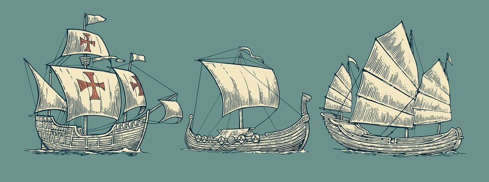 Caravel, drakkar, junk. Set sailing ships floating on the sea waves