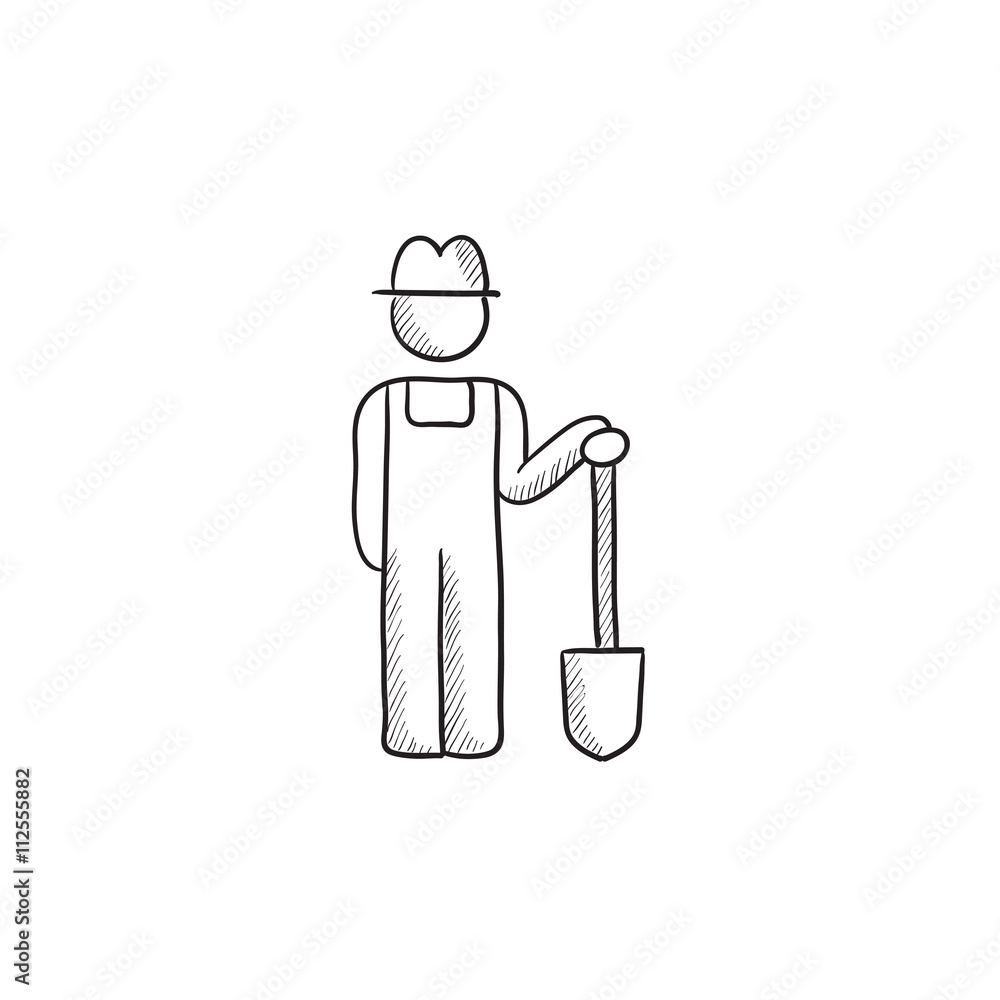 Poster farmer with shovel sketch icon.