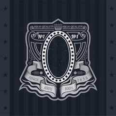 Oval Frame On With Winding Ribbons And Line Pattern. Vintage Label With Coat of Arms On Blackboard