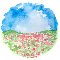 watercolor illustration of a flowers landscape.