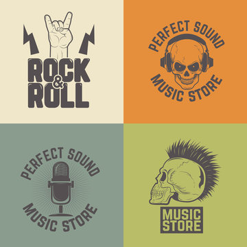 Set of music store labels isolated on colorful background