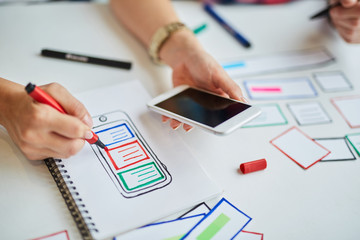 Closeup of web designers prototyping responsive website for mobi