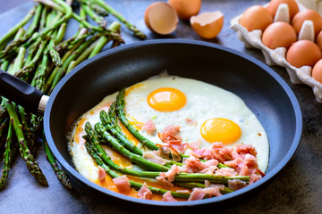 Fried eggs with asparagus and ham on a dark stone board