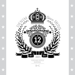 Round Line Banner With Crown Inside Abstract Wreath On Winding Ribbons. Vintage Label With Coat of Arms Isolated On White