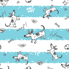 The seamless vector pattern with light stripes and funny dogs.