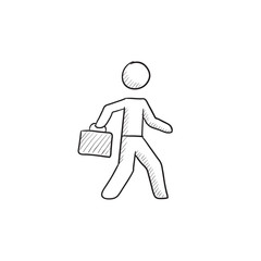Businessman walking with briefcase sketch icon.