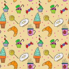 Seamless pattern with sweets and candies. Can be used as packing paper design.