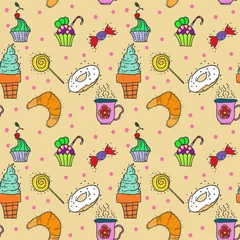 Foto auf Glas Seamless pattern with sweets and candies. Can be used as packing paper design. © scotch_me