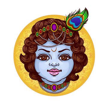 Baby Krishna with ornament on background. Vector cartoon illustration of hindu god, isolated characters.