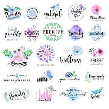 Set of hand drawn watercolor labels and badges for beauty, healthy life and wellness. Vector illustrations for graphic and web design, for cosmetics, natural products, spa, beauty center.