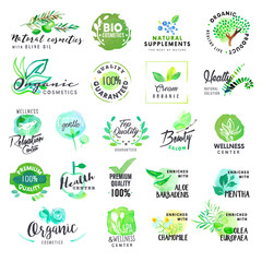 Set of hand drawn watercolor labels and badges for cosmetics and health care. Vector illustrations for graphic and web design, for natural products, spa and wellness, beauty and healthy life.