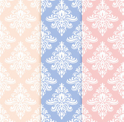 Vector set of classical delicate seamless patterns in pastel pantone colors: rose quartz, serenity and yellow. Background for greeting cards and wedding invitations.