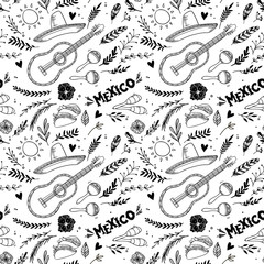 Hand drawn vector illustration - Mexico. Music festival. Seamles