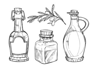 Hand drawn vector illustration - Olive oil. Bottels of vegetable