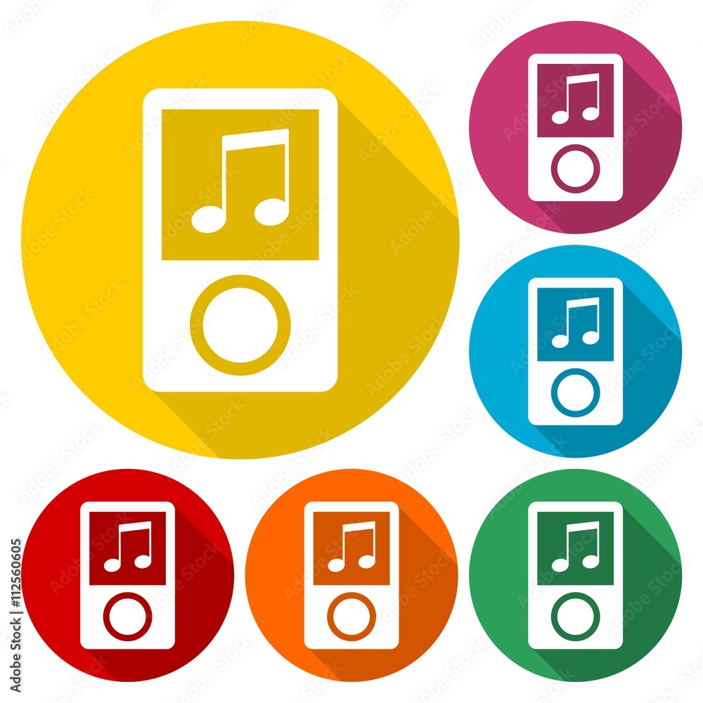 Poster mp3 player icons set with long shadow