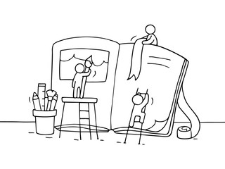 Sketch of working little people with book. Doodle cute miniature teamwork about book creation. Hand drawn cartoon vector illustration.