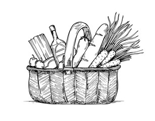 Hand drawn vector illustration - Supermarket shopping basket with vegetables, bread, fruits. Grocery store. Local shop