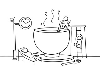 Sketch of resting little people cup of cofee. Doodle cute miniature about break at work . Hand drawn cartoon vector illustration for business design and infographic.