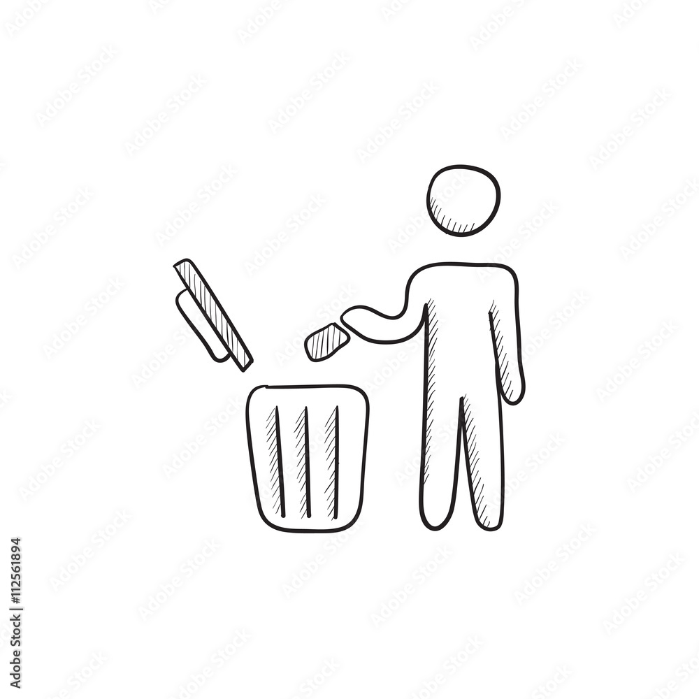 Aufkleber man throwing garbage in a bin sketch icon.