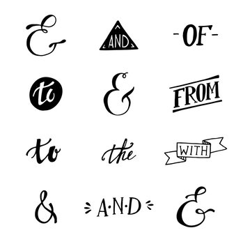 Set of hand lettered ampersands and catchwords (to, the, of, wit