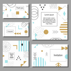Vector illustration set of artistic colorful universal cards. Wedding, anniversary, birthday, holiday, party. Design for poster, card, invitation. With golden glitter texture. Memphis style - 112562080