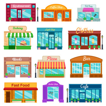 Shops and stores front icons set flat style. Vector illustration