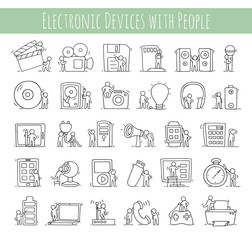 Electronic icons set of sketch working little people with comput
