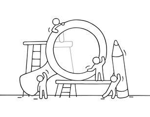Sketch of working little people with loupe, pencil.