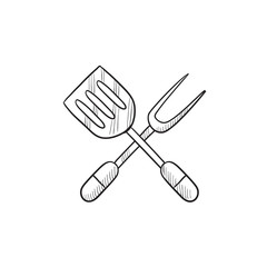 Kitchen spatula and big fork sketch icon.