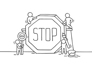 Sketch of working little people with stop sign