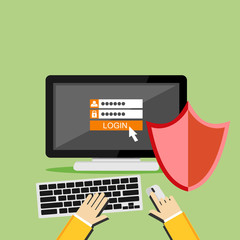 Password and username. Personal computer protection. Computer with shield. Antivirus. 
