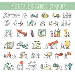 Business icons set of sketch working little people