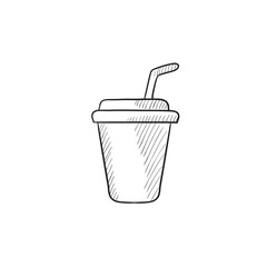 Disposable cup with drinking straw sketch icon.